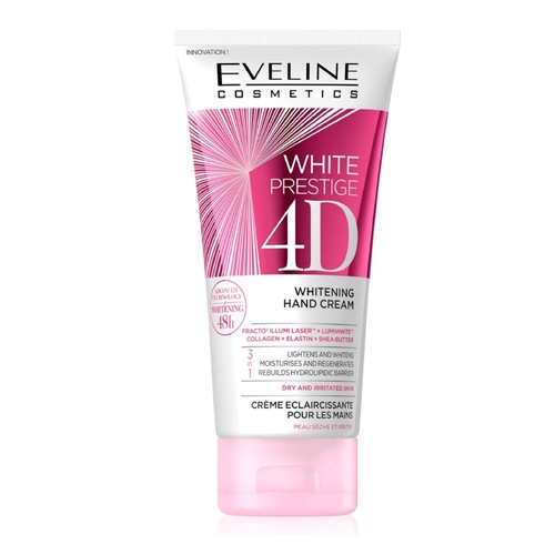 Products.Q8 co. - Eveline- Whitening Hand Cream (100 ml) - White Prestige 4D Whitening Hand Cream's formula enriched with Shea Butter,Collagen and Elastin, effectively cures hand skin, providing regeneration. Concentrated formula, enriched with natural betaine, optimises the level of moisturisation, leaving hand silky smooth and soft.