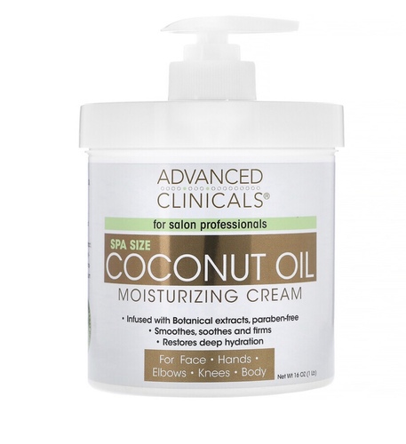 Products.Q8 co. - Advanced Clinicals, Coconut Oil Moisturizing Cream, (454 g) - Description
 Say Goodbye to Dry Skin! For Salon Professionals Organic Ingredients, Paraben-Free Smoothes, Soothes and Firms Restores Deep Hydration For Face, Hands, Elbows, Knees, Body Not Tested On Animals Suggested Use
Apply a sufficient amount of lotion onto cleansed face, neck and hands. Gently massage into skin using upward circular motions, paying special attention to the wrinkles, until fully absorbed. Use daily.