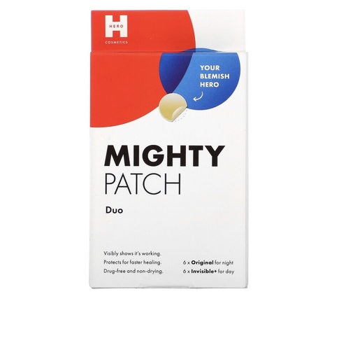 Hero Cosmetics, Mighty Patch Duo, 6 Original + 6 Invisible Patches - Description
Your Blemish Hero Visibly Show's It's Working Protects for Faster Healing Drug-Free and Non-Drying 6 x Original for Night 6 x Invisible+ for Day Helps Speed Up Healing Works on All Skin Types Leaping Bunny Certified Sterile R Blemishes always show up at the worst times. That's why we created MIGHTY PATCH™ - a hydrocolloid acne patch that extracts impurities, camouflages blemishes, and helps heal your skin.
Suggested Use
Use Original for nighttime and Invisible+ for day time use.
Other Ingredients
Hydrocolloid.