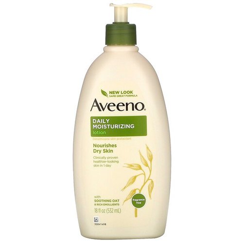 Products.Q8 co. - Aveeno, Daily Moisturizing Lotion, Fragrance Free, (532 ml) - Dimethicone Skin Protectant Nourishes Dry Skin Clinically Proven Healthier-Looking Skin in 1 Day With Soothing Oat & Rich Emollients 24 Hour Moisture  Dermatologist Recommended for Over 65 Years Helps prevent and temporarily protects chafed, chapped or cracked skin. Helps prevent and protect from the drying effects of wind and cold weather.