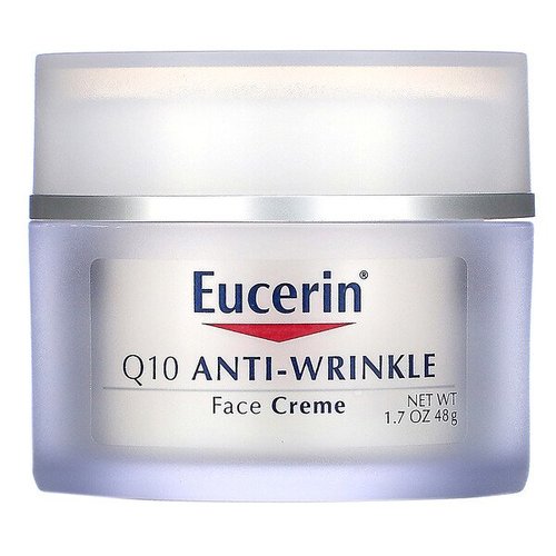 Products.Q8 co. - Eucerin, Q10 Anti-Wrinkle Face Creme, (48 g) - Reduces the look of fine lines and wrinkles within 5 weeks Firms and moisturizes for softer, smoother looking skin Can be used alone or under make-up Fragrance-free, alcohol-free, non-comedogenicWhat is Coenzyme Q10? Coenzyme Q10 occurs naturally in the body to defend against the aging process. As you age, the amount of Q10 in your skin decreases. Eucerin Q10 Anti-Wrinkle Face Creme helps to replenish this naturally occurring enzyme which is vital to healthy looking skin. Together with Vitamin E and Beta-Carotene, it also forms a powerful antioxidant complex to help protect against the damaging effects of free radicals.Suggested UseApply to face and throat area. Use morning and evening.