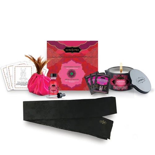 مجموعة الكنز - this deluxe gift set now includes 4 romance products, a custom satin blindfold tie and a set of 6 Kama Sutra Position Playcards. All packaged in a beautiful, gift-ready box.