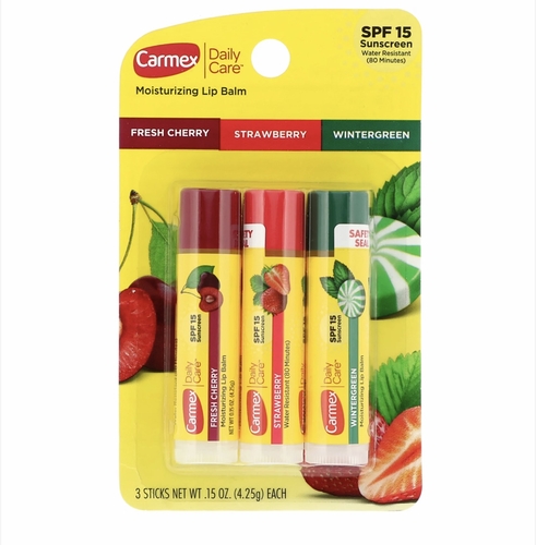 Carmex lip balm, strawberry + cherry+ wintergreen/ spf15