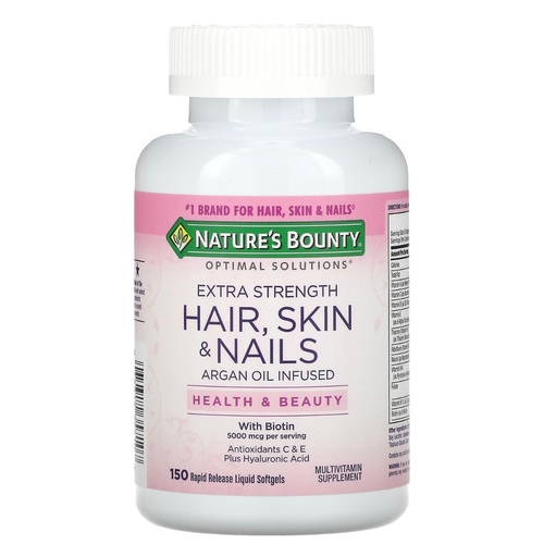 Products.Q8 co. - Nature’s Bounty Extra Strength Hair, Skin & Nails-150 capsules - Being healthy is always beautiful. Extra Strength Hair, Skin & Nails formula with Argan Oil you'll look good and feel great! It contains just the right balance of nutrients to support lustrous hair, healthy nails and vibrant skin. This innovative formula provides you with the vital nutrients and ingredients in beauty care to support your natural beauty from within. High potency B Vitamins help with energy metabolism and Biotin helps to maintain healthy hair and nails. Vitamin E is an antioxidant and Vitamin C is involved in collagen production and formation, which forms the basis for vibrant skin. Vitamin A assists with skin maintenance and overall health.