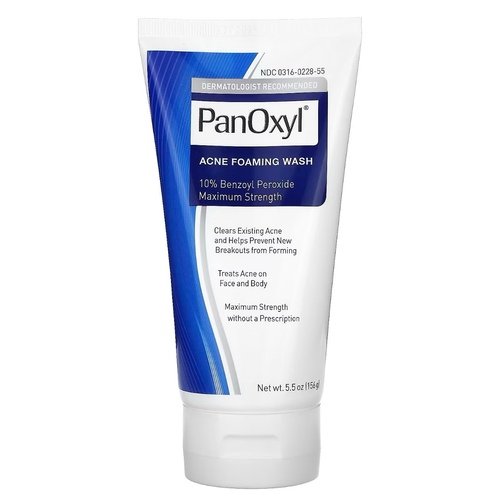 Products.Q8 co. - PANOXYL ACNE FOAMING WASH BENZOYL PEROXIDE 10% MAXIMUM STRENGTH - Dermatologist Recommended Clears Existing Acne and Helps Prevent New Breakouts from Forming Treats Acne on Face and Body Maximum Strength without a Prescription Contains Moisturizers to Prevent Dryness Free of Parabens, Fragrances & Phthalates
 Suggested useWet area to be cleansed Apply acne wash and gently massage area for 1-2 minutes Rinse thoroughly and pat dry Because excessive drying of the skin may occur, start with 1 application daily, then gradually increase to 2 or 3 times daily if needed or as directed by a doctor If bothersome dryness or peeling occurs, reduce application to once a day or every other day If going outside, apply sunscreen after using this product. If irritation or sensitivity develops, stop use of both products and ask a doctor.