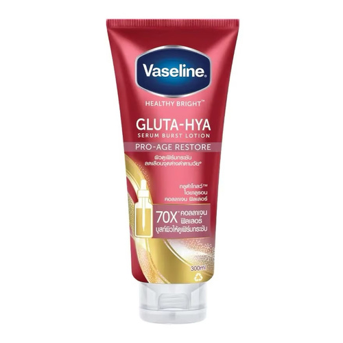 Products.Q8 co. - Vaseline Healthy Bright Gluta-Hya Serum Burst Lotion Pro-Age Restore 300 Ml. - Vaseline Healthy Bright Gluta-Hya Serum Burst Lotion Pro-Age Restore, which smooths and firms skin while reducing age spots. It is clinically formulated with - Boosted with Gluta GlowTM technology, that is 10x+ more powerful than Vitamin C. Reduces age spots and corrects uneven skin tones. - 10x Hyaluron boosts skin'&.,&s moisture for dewy and plumped-up skin - 70x Collagen Filler boosts skin elasticity to reduce wrinkles and improve suppleness - Vaseline Healing Jelly locks moisture deep within, restoring skin'&.,&s natural balance. Address the signs of aging early on with the power of high performing ingredients. Our unique formula bursts into water droplets and is instantly absorbed deep into your skin cells. Experience skin that is smoother, firmer and even-toned