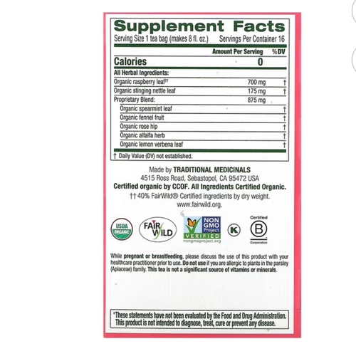 Organic Pregnancy Tea, Raspberry Leaf, Caffeine Free, 16 Wrapped Tea Bags