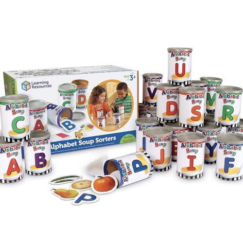 Alphabet Soup Sorters-208 pieces - EDUCATIONAL FUN - Helps children ages 3+ quickly learn letter recognition and phonics through engaging, hands-on play . Each can contains pictures of objects that begin with that letter. QUALITY CONSTRUCTION - Made of sturdy cardboard with durable plastic lids that withstand frequent opening and closing. Picture cards are thick and coated for longevity even with regular use. COMPLETE ALPHABET SET - Includes 26 colorful soup cans (one for each letter), 130 realistic photo object cards, 26 uppercase letter cards, and 26 lowercase letter cards—208 pieces total. VERSATILE LEARNING TOOL - Perfect for various activities including letter recognition, beginning sounds, vocabulary building, sorting practice, and imaginative play. Includes activity guide. CLASSROOM & HOME APPROVED - Trusted by parents, teachers, and speech therapists for effective alphabet and phonics instruction. Ideal for homeschooling, classroom centers, and special education.