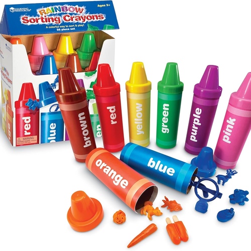 Rainbow Sorting Crayons- 56 pieces - DEVELOPS COLOR RECOGNITION SKILLS - Eight vibrant jumbo crayons help children learn to identify and sort colors while providing a fun, hands-on learning experience that keeps them engaged for hours ENHANCES VOCABULARY AND LANGUAGE - Each crayon contains six unique miniature objects of varying shapes and sizes that encourage children to describe, name, and categorize, supporting speech&nbsp; PERFECT FOR SPECIAL NEEDS LEARNING - Many parents of children with speech delays report significant progress with color identification, sorting abilities, and communication skills&nbsp; GROWS WITH YOUR CHILD - Versatile play options evolve from simple color sorting to counting, pattern recognition, and creative storytelling, making this an educational tool&nbsp; CONVENIENT STORAGE AND ORGANIZATION - All 48 colorful miniatures store inside their corresponding crayons with secure plastic caps, making cleanup easy and ensuring pieces stay together during storage