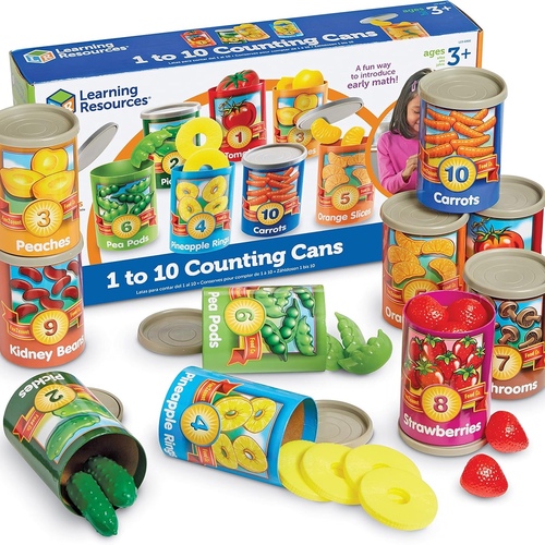 1 to 10 Counting Cans- 55 pieces - DEVELOP language, fine motor and real-world math skills while having fun! TEACH counting, number recognition and sorting. Great for both Tactile and Visual learners these cans are labeled with numbers, words and pictures for extra support. Features 55 plastic fruits and vegetables in 10 durable cardboard cans with lids.