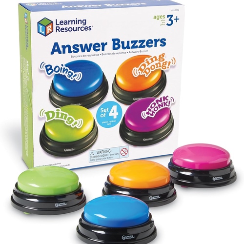 Answer Buzzers, Set of 4 - ENGAGEMENT - These colorful answer buzzers transform ordinary lessons into exciting game shows, increasing student participation and making learning more interactive for all ages. CLEAR COMMUNICATION - Each buzzer produces a unique, distinct sound (doorbell, horn, and more), making it easy to identify which student or team buzzed in first during competitive activities. VERSATILITY - Perfect for classroom review games, homeschool lessons, family game nights, these multi-purpose buzzers adapt to countless educational and entertainment scenarios. DURABILITY - Sturdy construction withstands enthusiastic pressing from both children and adults, ensuring these buzzers will last through multiple school years and countless family gatherings. CONFIDENCE BUILDER - Gives quieter or non-verbal students an equal opportunity to participate, building self-confidence while creating a more inclusive learning environment.