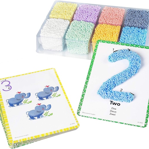 PlayFoam Shape & Learn Number Set - Little ones can practice making numbers and shapes with this squishy, squashy Playfoam set. Preschoolers simply place their Playfoam on top of the number or shape card to practice proper number formation Set includes eight colored Playfoam bricks and 13 double-sided cards Provides tactile and sensory stimulation, helps develop fine motor skills, and teaches proper number formation