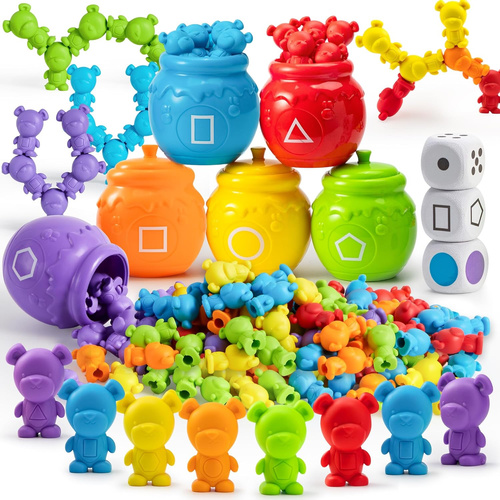 Counting Sorting Bears Toy Set - GREAT VALUE! Our 82 Pieces Play-Act Counting/Sorting Bears Contains 72 Cute colour sorting Bears in 6 Bright Colors, 1 Jumbo Tweezers, 6 Colorful Sorting Cups/Honey Jars, 3 Dice and 1 Instruction Book Creating a Fun Experience for Toddlers. There Are Many Possibilities With 12 Different Activities and Hours of Fun!PERFECT GAME FOR TODDLERS! This Montessori Learning Toy is Perfect for Toddlers Ages 3 and Older! Kids Will LOVE Color Sorting Bears by Colors and Shapes into Their Colored Honey Jars and Counting Bears. The Bright Colors Are Stimulating and Make It Fun to Count and Sort!NURTURE COGNITIVE SKILLS! Children Can Learn to Identify Colors by Sorting Multi-color Bears and to Practice Identifying Shapes by Matching the Shapes on the Bear’s Bellies to the Ones on the Jars. This Enhances Your Toddler’s Motor Skills and Promotes Motivation for Your Child’s Mind. GREAT PRESCHOOL STEM TOY! Our Counting Bears Toy Can Be Played in Any Way You Like. You Can Create Your Own Games or Follow Our Easy-To-Read Instructions. Children Can Learn Basic Mathematics by Subtraction and AdWHY OURS IS THE BEST: PLAY-ACT Toys by JOYIN Are Fun Toys That Are Educational and Safe! Our Play-Act by Joyin Sorting Bears Are the Best Because We Offer More Possibilities! Our Set Comes with Dice That Stimulate Your Child’s Brain to Think Critically. Our colour sorting counting Bears Are Bright and Cute, Making This Toy Fun! Our 3 Jumbo Dice Empower A More Mathematical and Fun Experience. Perfect learning resources, montessori toys and early development tools,get these sorting toys for 2+ year olds kids!!