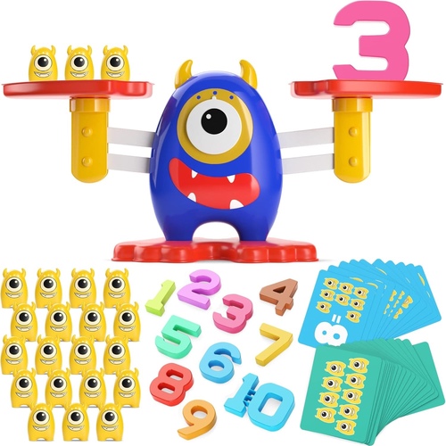 Monster Balance Numbers Counting and Math Learning Game - COOL MATH GAME: This game teaches basic counting and beginning math skills and encourages retention through stimulating multi-level math games.INTERACTIVE LEARNING: Monster Balance is perfect for children ages 3 and up and is the ideal teaching tool for parents, families, and teachers looking to encourage and reinforce multi-dimensional learning at home, school, nursery, and during tutoring sessions.EASY SET-UP + INSTRUCTIONS: Monster Balance has everything kids and families need to start playing and having hours of math and counting fun! This STEM game is easy to assemble and easy to learn—so children and families can start playing instantly.KID + FAMILY FUN: This 65-piece toy set includes: 19 Monsters, numbers 1–10, 30 double-sided cards, Monster scale, base, 2 scale pans and an easy-to-read instruction leaflet.ENGAGING + EDUCATIONAL PLAY: Get toddlers and young kids on the counting and mathematics fast track! Monster Balance improves memory, encourages interactive play and helps develop fine motor skills. Cute graphics and colorful design are eye-catching for the whole family! Monster Balance also makes a great gift for young girls, boys and families!