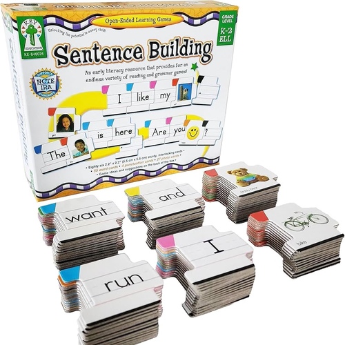 Key Education Sentence Building Game, Phonics Puzzles for Kids Ages 6-8, Learn to Read Parts of Spee - MULTI-PURPOSE LEARNING ACTIVITY: Practice building proper sentences with familiar sight words and picture cards with Key Education's Sentence Building Kit. The set teaches the use of capitalization, punctuation, and sentence structure in an engaging way.WHAT’S INCLUDED: This learning tool features 55 (2.2-inch x 2.2-inch) word cards color-coded by parts of speech, game and activity ideas, 4 punctuation cards, and 27 photo cards.HOW IT WORKS: Construct simple sentences by interlocking puzzle pieces to create sentence strips, and practice early reading and writing with the set’s fun puzzle-piece card tiles and interactive games.WORKING TOGETHER: Great for both homeschool and classroom learning, the Sentence Building set includes teaching suggestions and multiple reading and writing games to work alongside students to build vocabulary, grammar, and increase fluency.