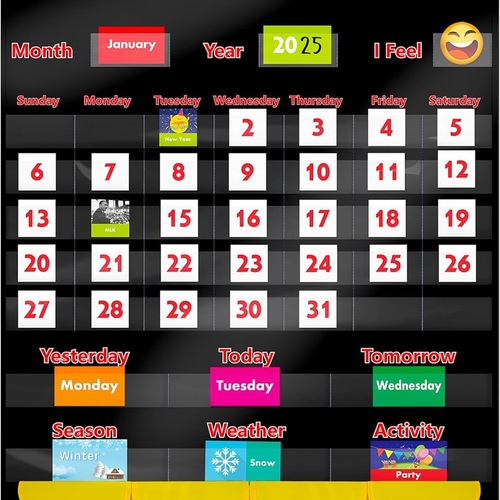 Black Calendar and Weather Pocket Chart with 148 Cards,(108 Illustrated Activity Cards, 40 Dry Erasa - Smart Design: Wall hanging Learning CALENDAR and WEATHER STATION plus 40 CUSTOMABLE FLASH CARDS, 108 illustrated calendar and special event cards with vivid pictures, mountings ready. All these detailed features make it a perfect teaching aid.Premium Quality: Chart made from 600D nylon, durable and dust-resistance. Illustrated cards (not dry erasable) printed with Non-toxic high gloss ink and all blank flash cards with PET film, dry erase and leave no residue.All-in-One: With this compact set kids could learn about the days of the week, months, seasons and date, set up their own weather station and schedule. You could also apply the dry erase flash cards for basic alphabet or math’s learning. perfect for kid’s early education.Demonstration Ready: Comes with 3 Over-the-door hooks, easy mounting and space saving. Bright color catches students’ attention and makes the figures easy to be identified.Visualized Knowledge：Help young students visualize and learning calendar, with the movable pieces toddlers could enhance their memory and inspire their imagination. Ideal for home and school education need as an encouragement for students to take responsibility.