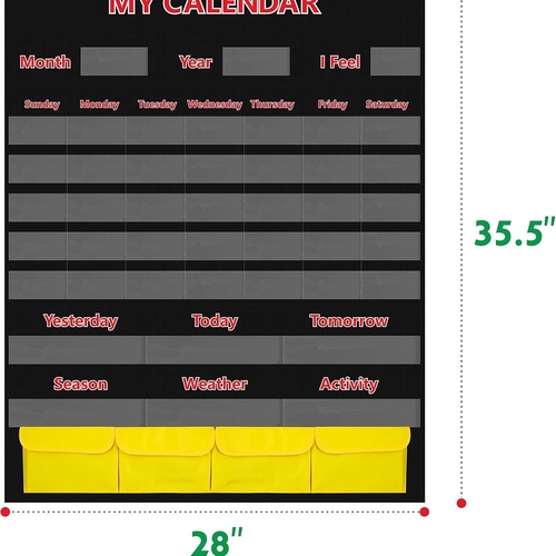 Black Calendar and Weather Pocket Chart with 148 Cards,(108 Illustrated Activity Cards, 40 Dry Erasa