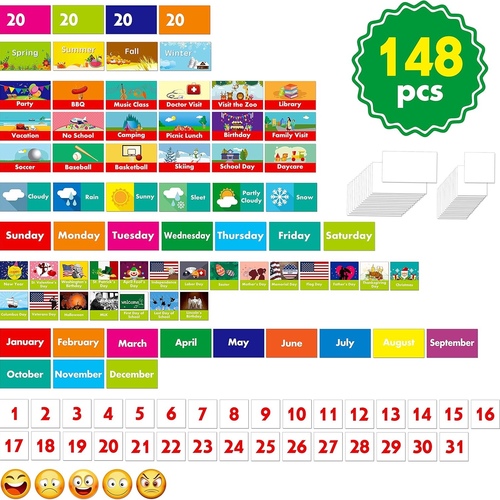 Black Calendar and Weather Pocket Chart with 148 Cards,(108 Illustrated Activity Cards, 40 Dry Erasa