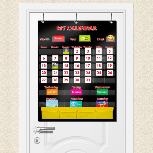 Black Calendar and Weather Pocket Chart with 148 Cards,(108 Illustrated Activity Cards, 40 Dry Erasa
