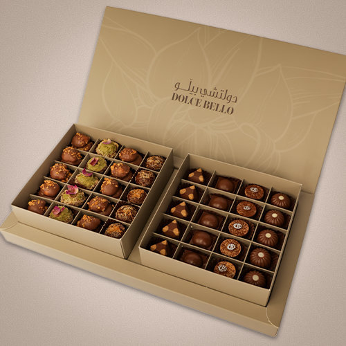 BOX CHOCOLATE  & COFFEE SWEET - :Belgian chocolate box, 20 pieces, with 4 different fillings
Mixed nuts – Coconut – Caramel wafer – Pecan. 
:Coffee sweets box, 20 pieces, with 3 fillings
Caramel hazelnut – Date chocolate – Pistachio Kunafa.