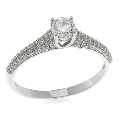 White zircon ring - 925 silver ring plated with rhodium and studded with white zircon