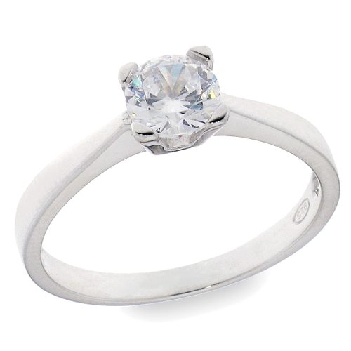 Solitaire ring - 925 silver ring plated with rhodium and studded with white zircon