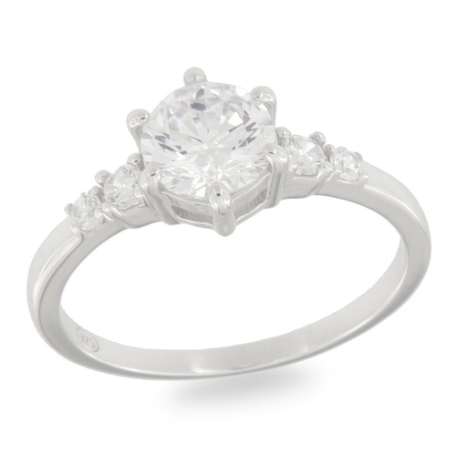 Solitaire ring - 925 silver ring plated with rhodium and studded with white zircon