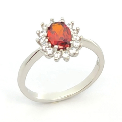 Red solitaire ring - 925 silver ring plated with rhodium and studded with white and red zircon