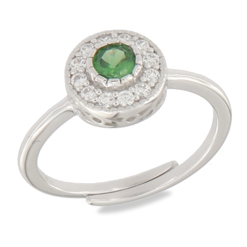 Green solitaire ring - 925 silver ring plated with rhodium and studded with white and green zircon