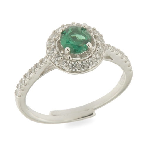 Green solitaire ring - 925 silver ring plated with rhodium and studded with white and green zircon