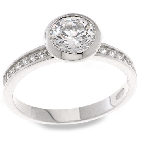 White solitaire ring - 925 silver ring plated with rhodium and studded with white zircon