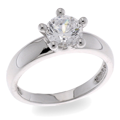 White solitaire ring - 925 silver ring plated with rhodium and studded with white zircon