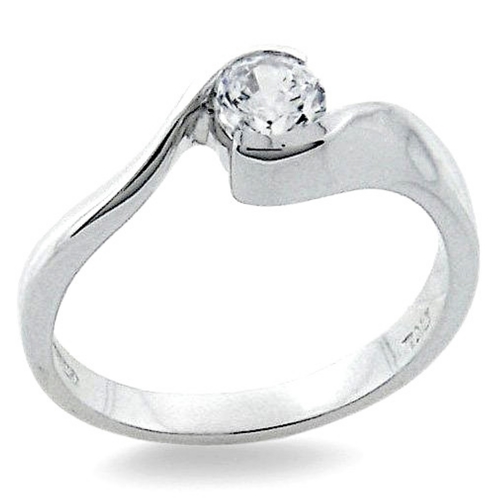 White solitaire ring - 925 silver ring plated with rhodium and studded with white zircon