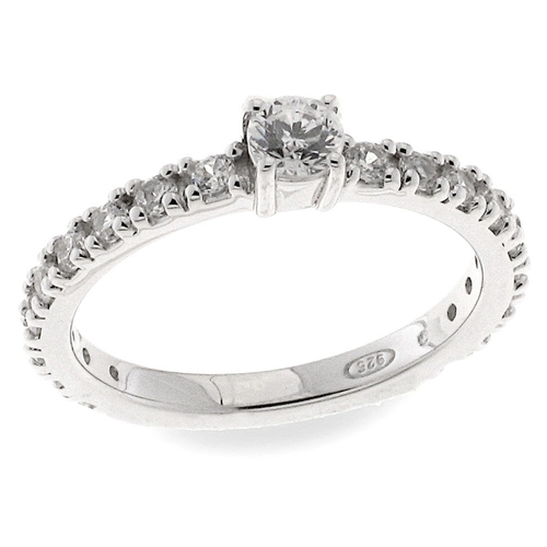 White zircon ring - 925 silver ring plated with rhodium and studded with white zircon