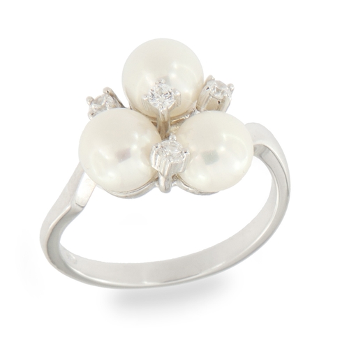 White pearl ring - 925 silver ring plated with rhodium and studded with white zircon and white water pearls