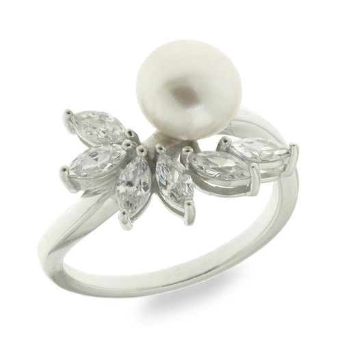 White pearl ring - 925 silver ring plated with rhodium and studded with white zircon and white water pearls