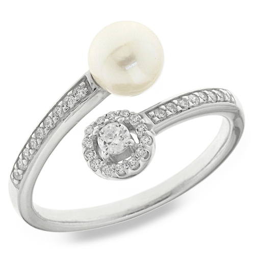 White pearl ring - 925 silver ring plated with rhodium and studded with white zircon and white water pearls