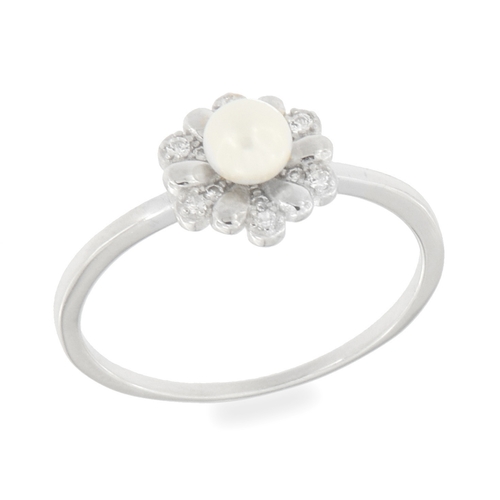 White pearl ring - 925 silver ring plated with rhodium and studded with white zircon and white water pearls