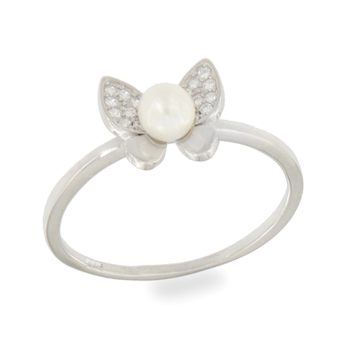 White pearl ring - 925 silver ring plated with rhodium and studded with white zircon and white water pearls