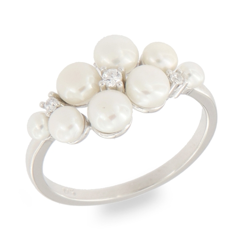 White pearl ring - 925 silver ring plated with rhodium and studded with white zircon and white water pearls