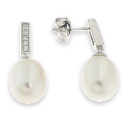 White pearl earrings - 925 silver rhodium-plated earrings studded with white zircon and white water pearls