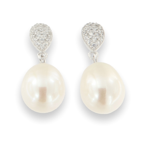 White pearl earrings - 925 silver rhodium-plated earrings studded with white zircon and white water pearls