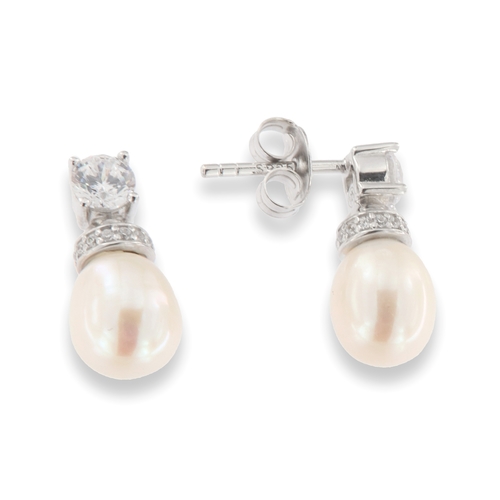 White pearl earrings - 925 silver rhodium-plated earrings studded with white zircon and white water pearls