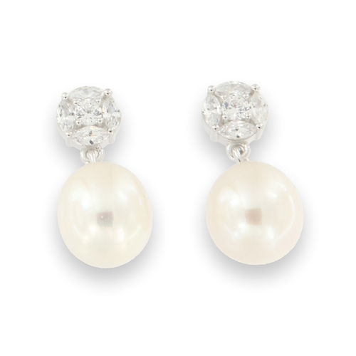 White pearl earrings - 925 silver rhodium-plated earrings studded with white zircon and white water pearls