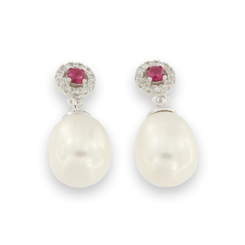 White pearl earrings - 925 silver rhodium-plated earrings studded with white and red zircon and white water pearls