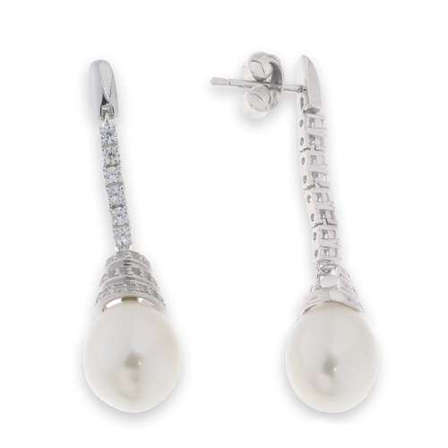 White pearl earrings - 925 silver rhodium-plated earrings studded with white zircon and white water pearls