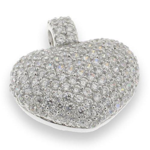 White heart pendant - 925 silver pendant, rhodium plated and studded with white zircon