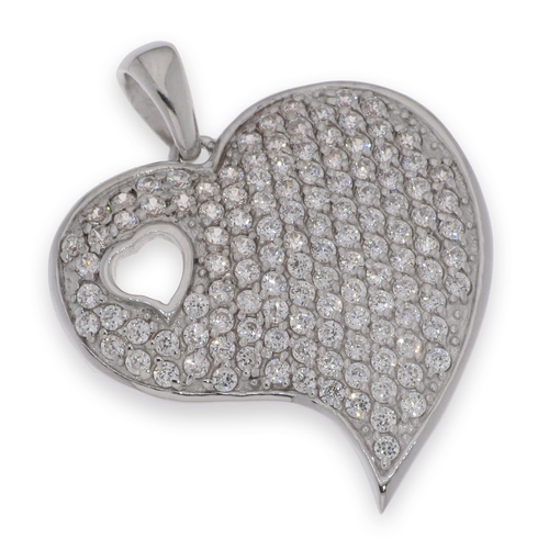 White heart pendant - 925 silver pendant, rhodium plated and studded with white zircon