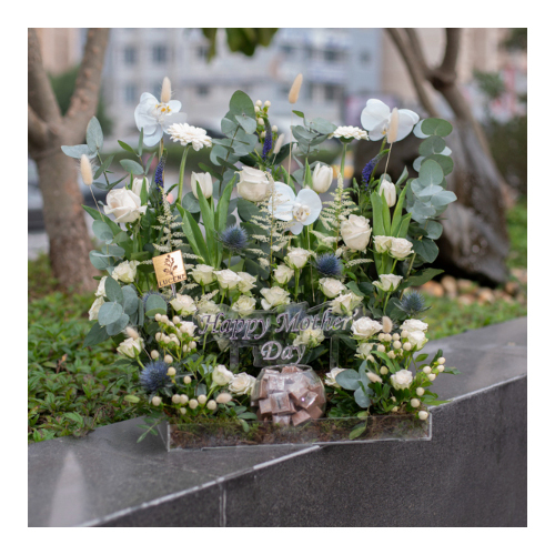 Mom 2 - Height: 65cm
Width: 65cm
An acrylic tray that contains baby roses, orchids and tulips with chocolates.