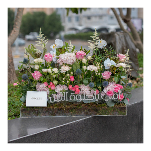 Lucene - Mom 4 - Height: 70cm
Width: 80cm
An acrylic tray that contains roses, baby roses, hydrangeas and mixed flowers with Belgian chocolates.